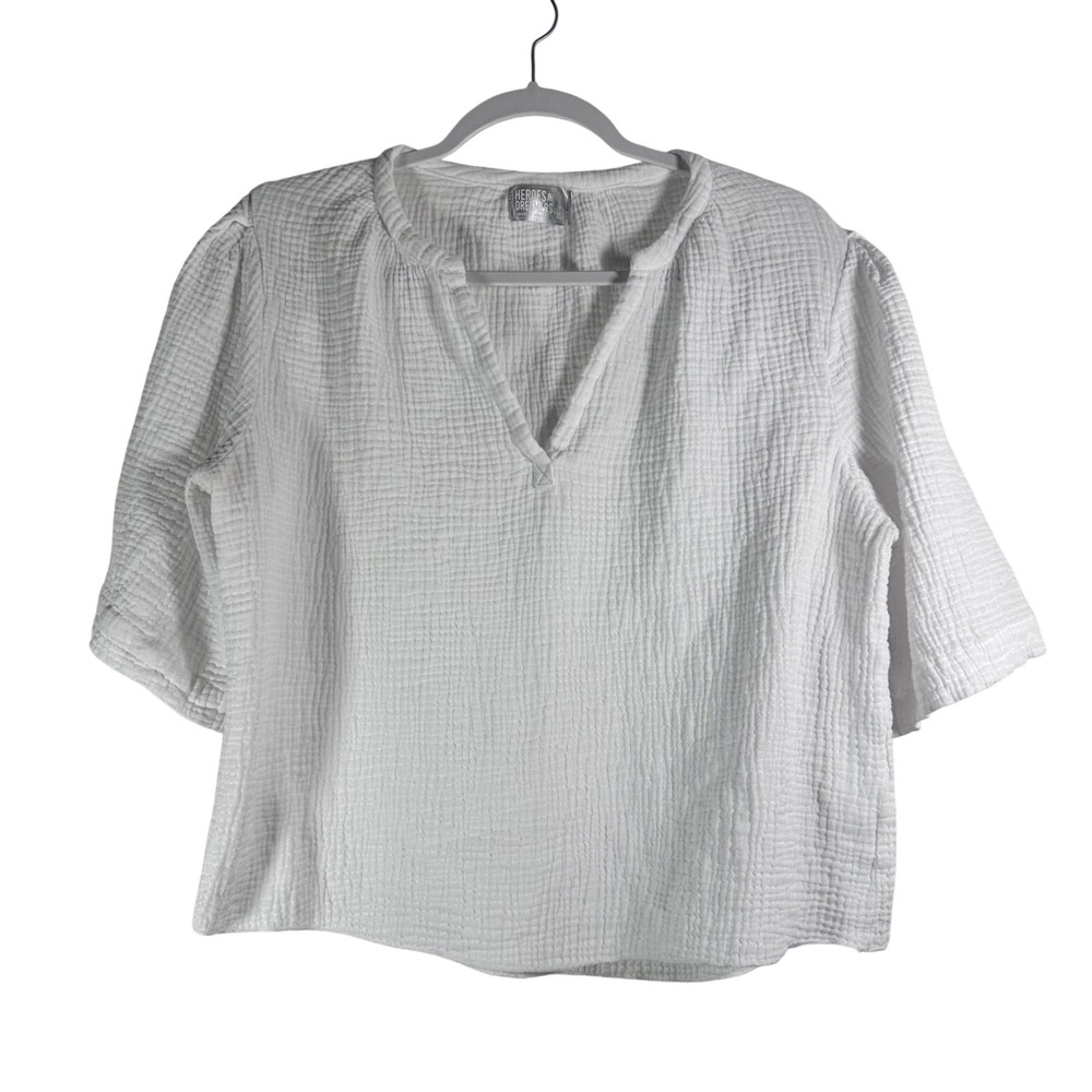 Heroes & Dreamers Womens White 100% Cotton Gauze Split Neck Blouse XS